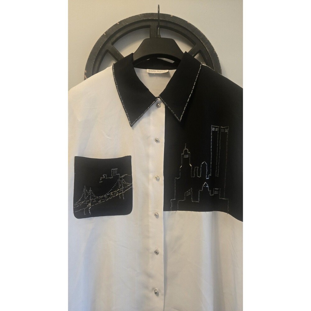 Susan Hutton Vintage Black White Beaded Cityscape Button Down Statement Blouse